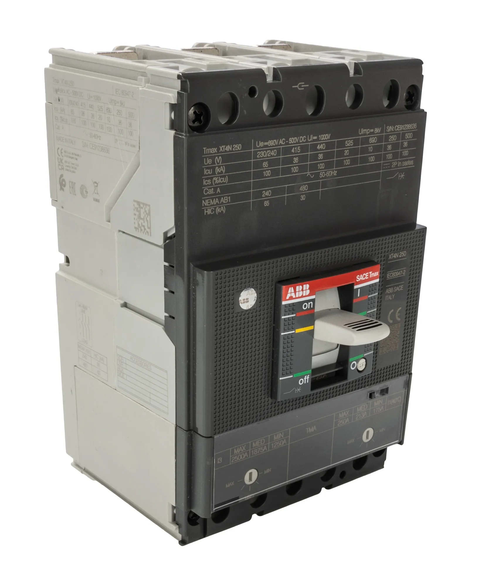 Interruttore automatico con contenitore stampato MCCB 1SDA068092R1 XT4N 250 TMA 250A FF, 3, 250A, 690V, potere di