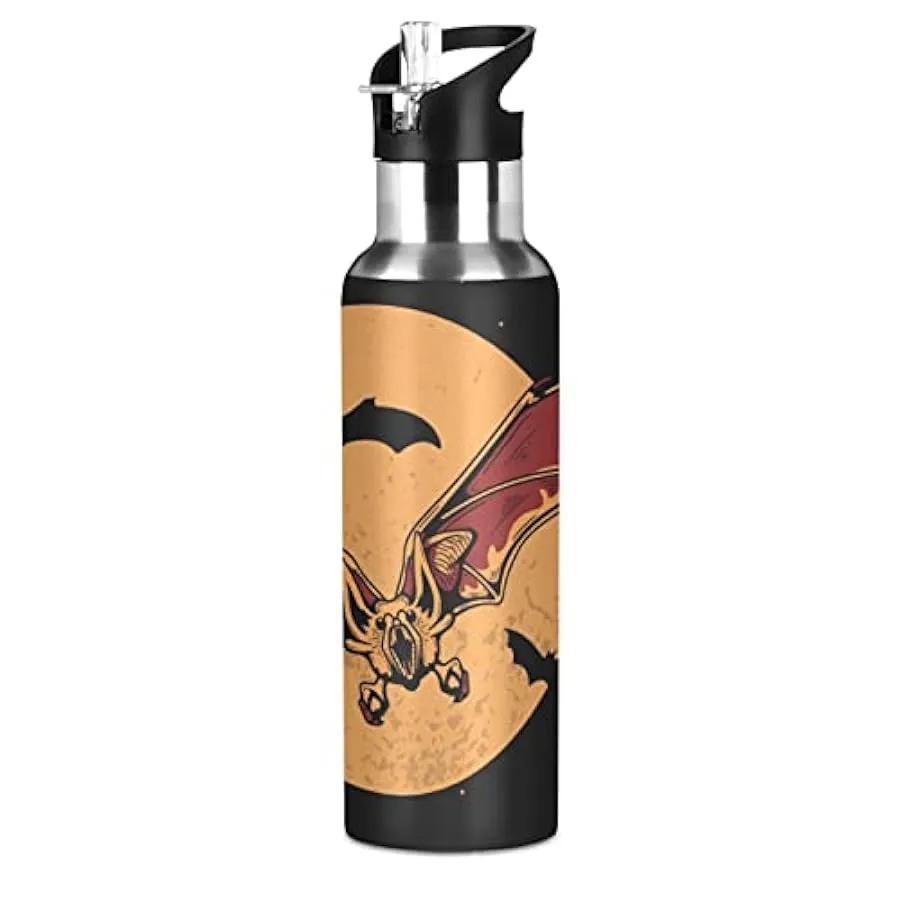 KAAVIYO Pipistrello Luna di Halloween Bottiglia Acqua Isolato Borraccia Termica Acciaio Inox 600ML Water Bottle per Bambini Spor