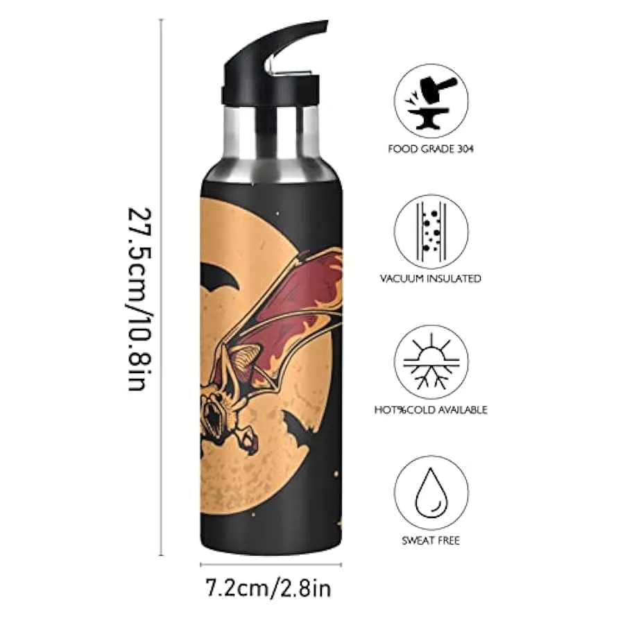 KAAVIYO Pipistrello Luna di Halloween Bottiglia Acqua Isolato Borraccia Termica Acciaio Inox 600ML Water Bottle per Bambini Spor