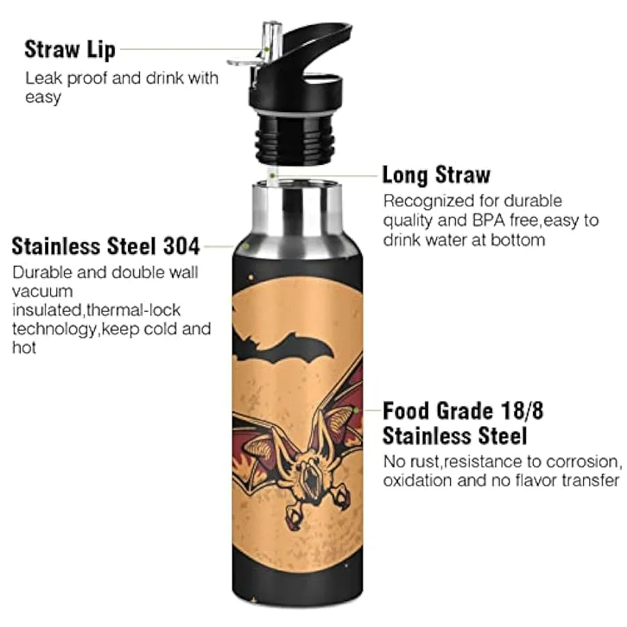 KAAVIYO Pipistrello Luna di Halloween Bottiglia Acqua Isolato Borraccia Termica Acciaio Inox 600ML Water Bottle per Bambini Spor