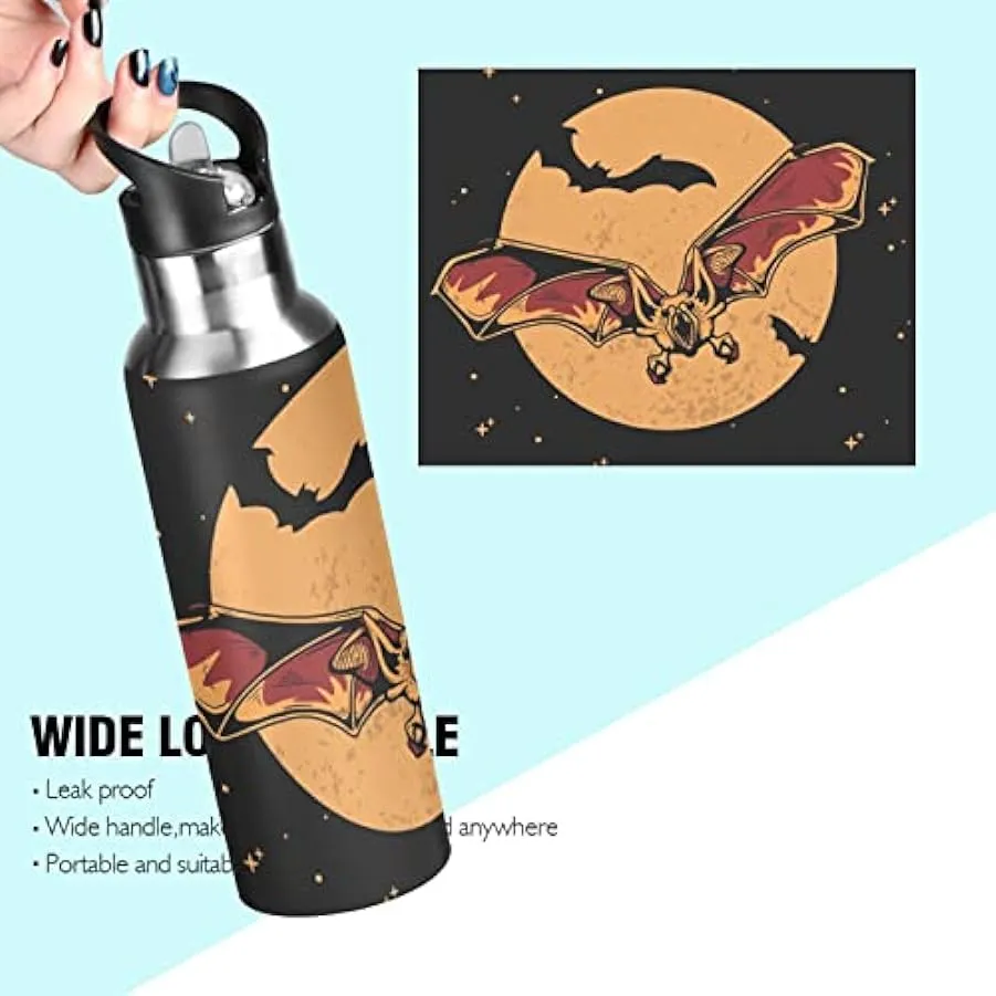 KAAVIYO Pipistrello Luna di Halloween Bottiglia Acqua Isolato Borraccia Termica Acciaio Inox 600ML Water Bottle per Bambini Spor