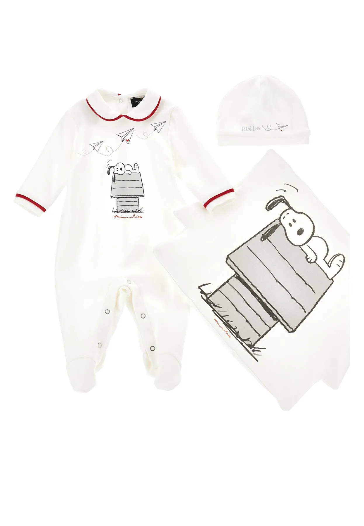 Monnalisa completo tre pezzi Snoopy bianco neonato in cotone