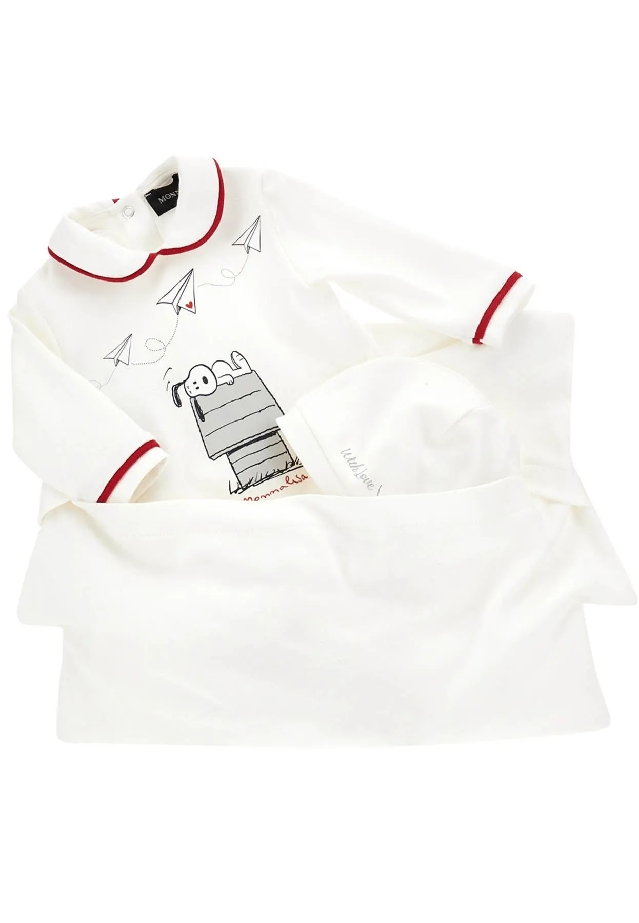 Monnalisa completo tre pezzi Snoopy bianco neonato in cotone