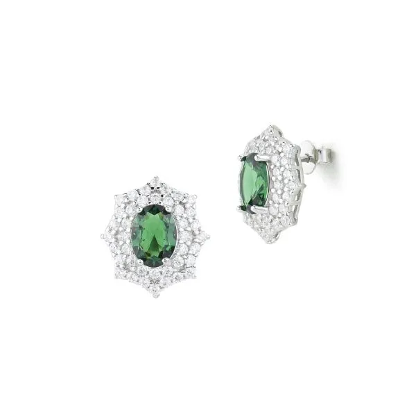 OR832V Orecchini a lobo con cristallo verde e corona di zirconi    