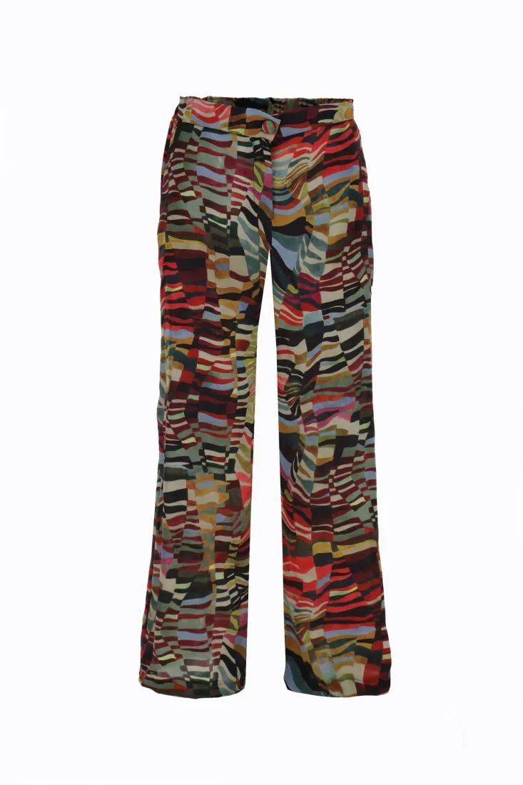 Pantaloni flare con fantasia optical multicolor