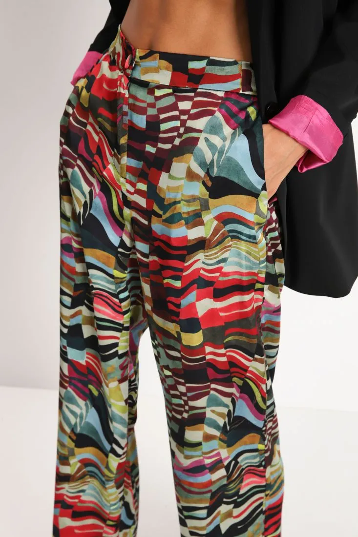 Pantaloni flare con fantasia optical multicolor