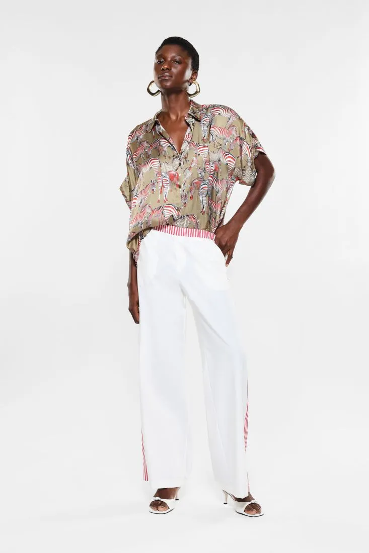 Pantaloni straight con orlo e bande laterali fantasia rigata