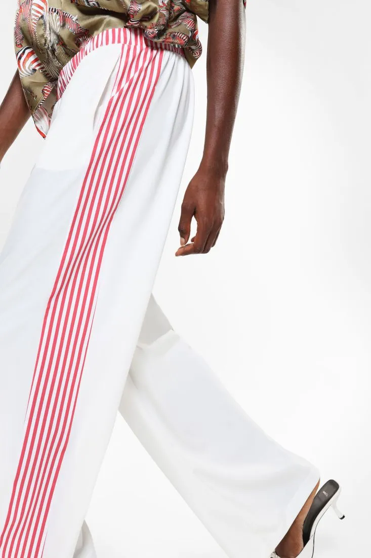 Pantaloni straight con orlo e bande laterali fantasia rigata