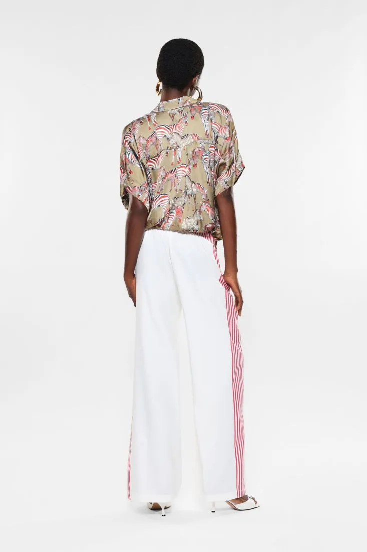 Pantaloni straight con orlo e bande laterali fantasia rigata