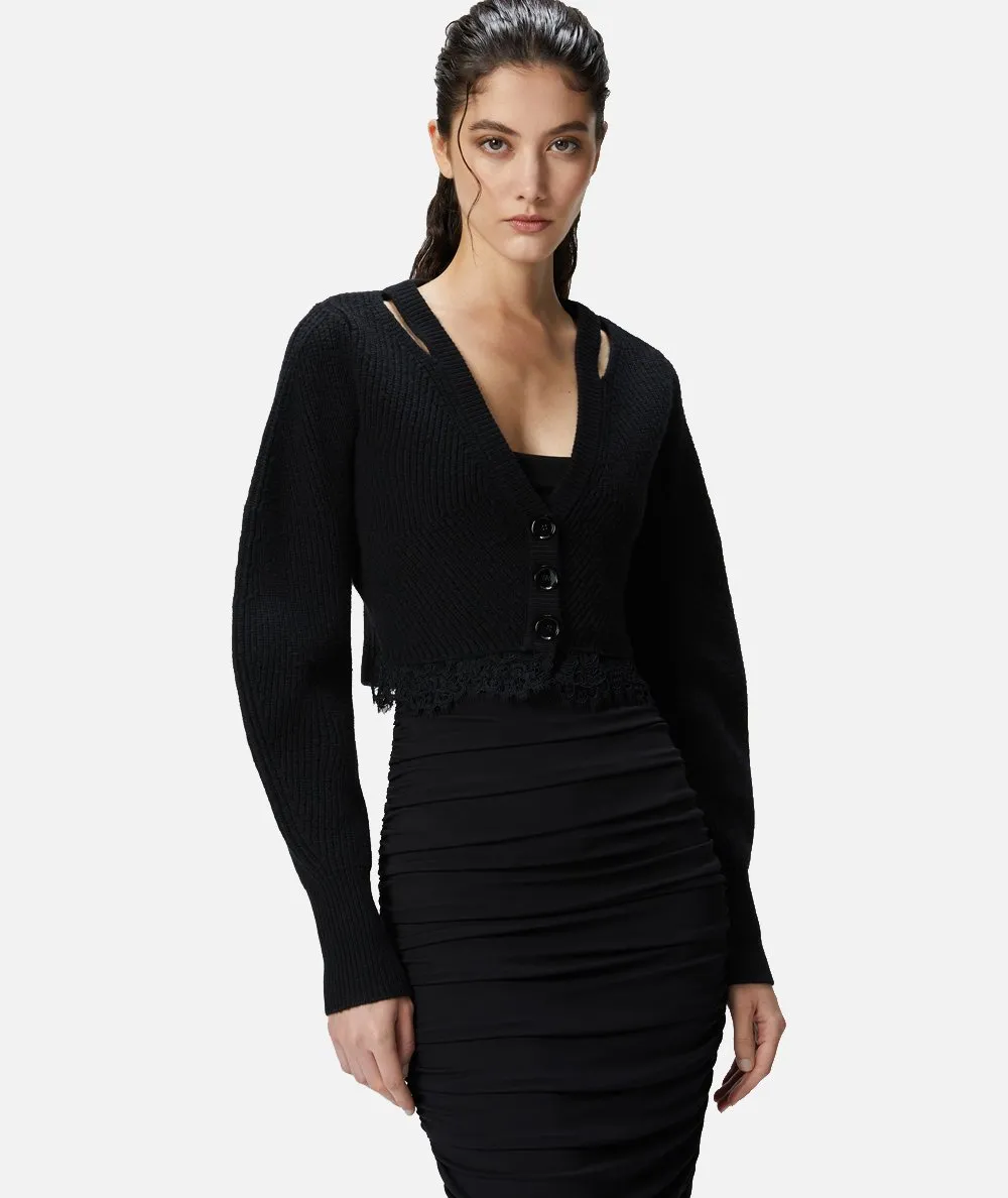 PINKO--Cardigan corto a coste con fondo in pizzo