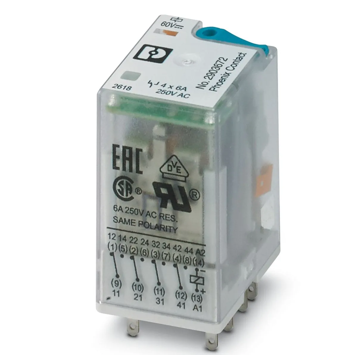 Relè di potenza Phoenix Contact serie REL-IR4/LDP- 60DC/4X21AU, 4PDT, bobina 60V cc, A innesto