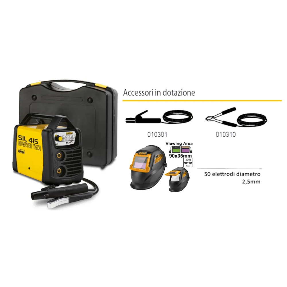 Saldatrice inverter DECA SIL 415 corrente continua 150Amp con maschera cristalli liquidi, pinza porta elettrodo +  50 elettrodi 