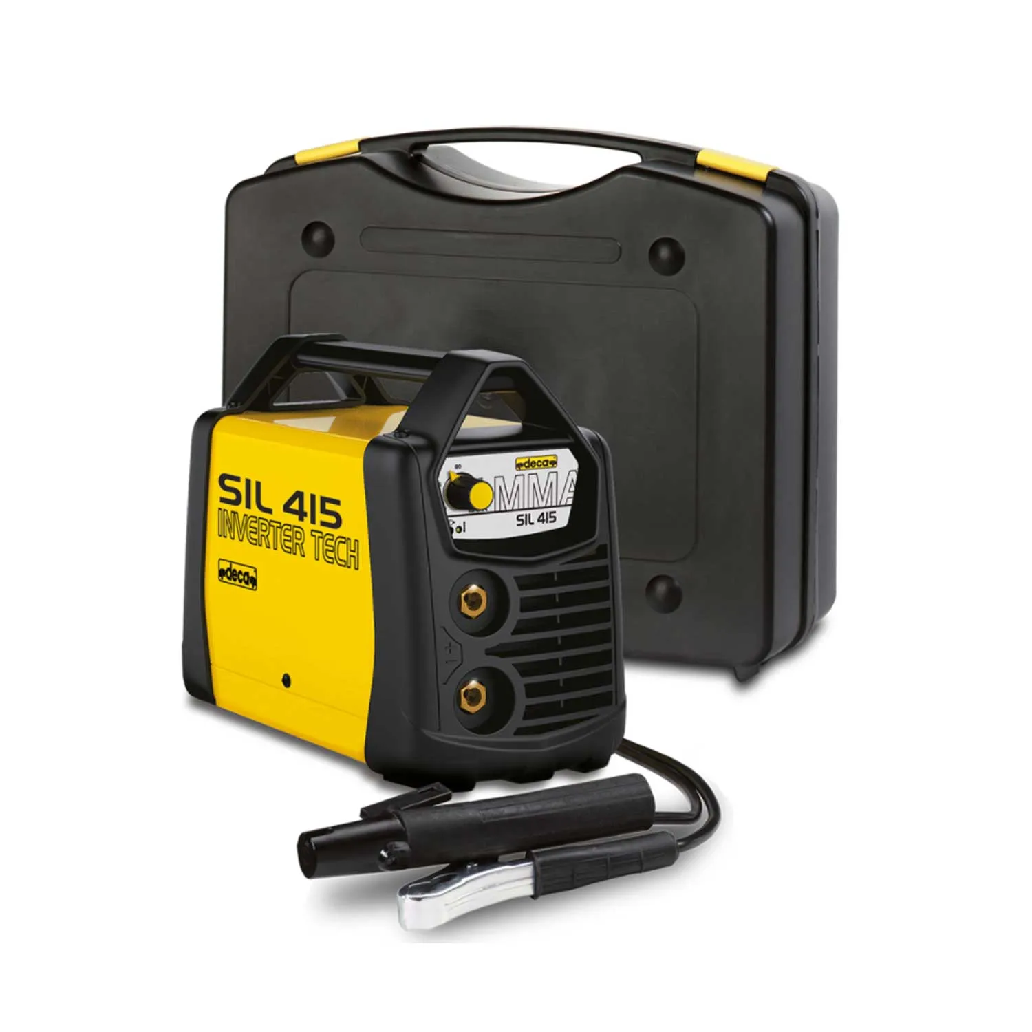Saldatrice inverter DECA SIL 415 corrente continua 150Amp con maschera cristalli liquidi, pinza porta elettrodo +  50 elettrodi 