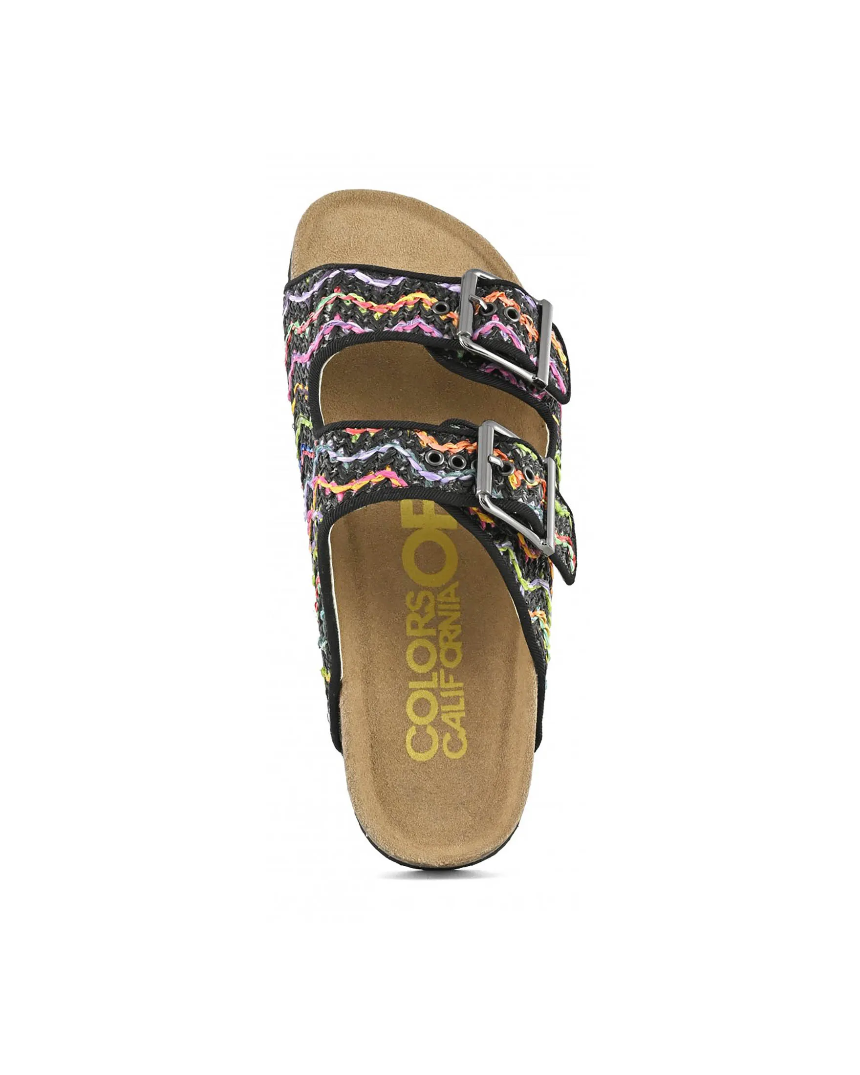 Sandali neri in raffia intrecciata multicolore a doppia fascetta