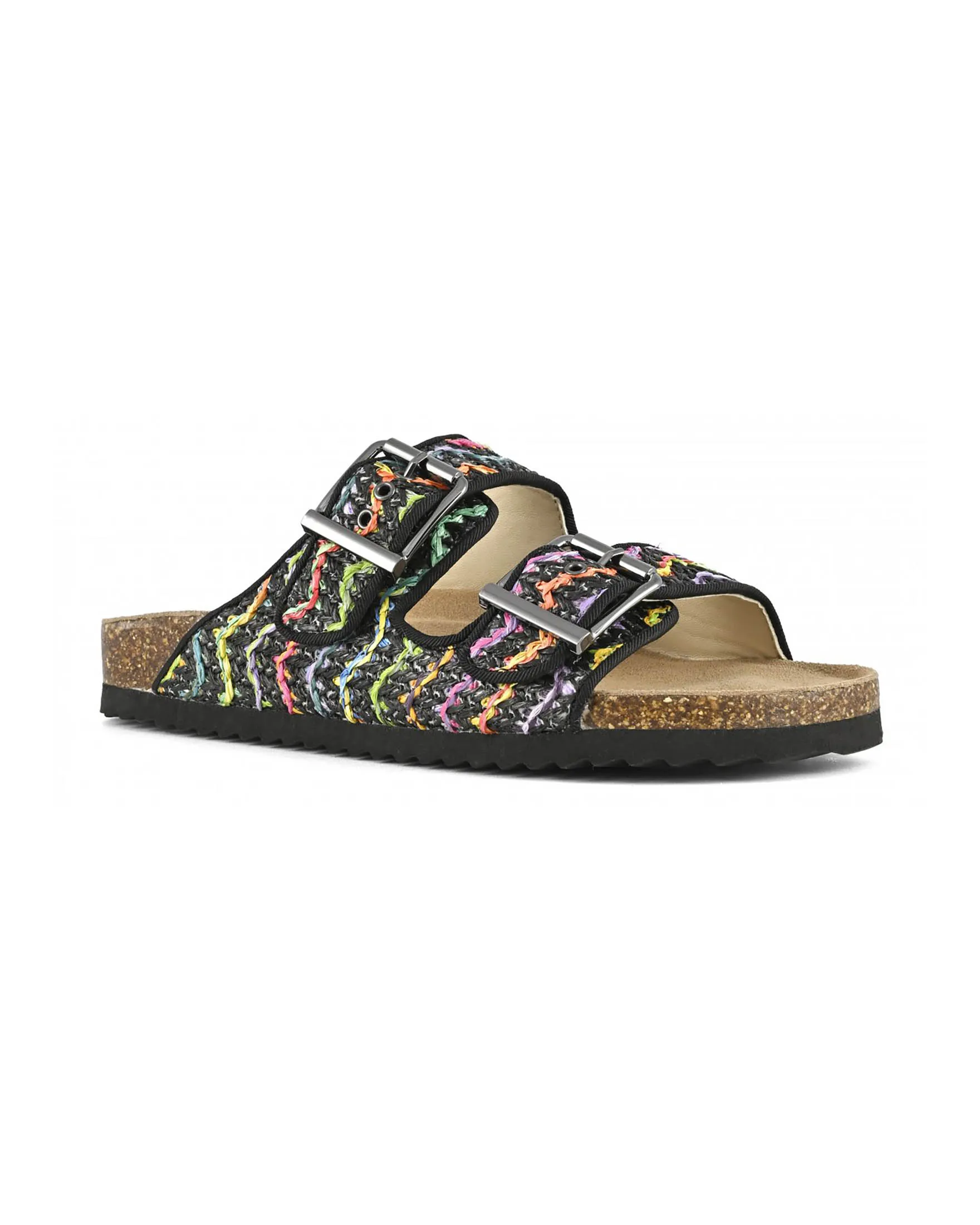 Sandali neri in raffia intrecciata multicolore a doppia fascetta