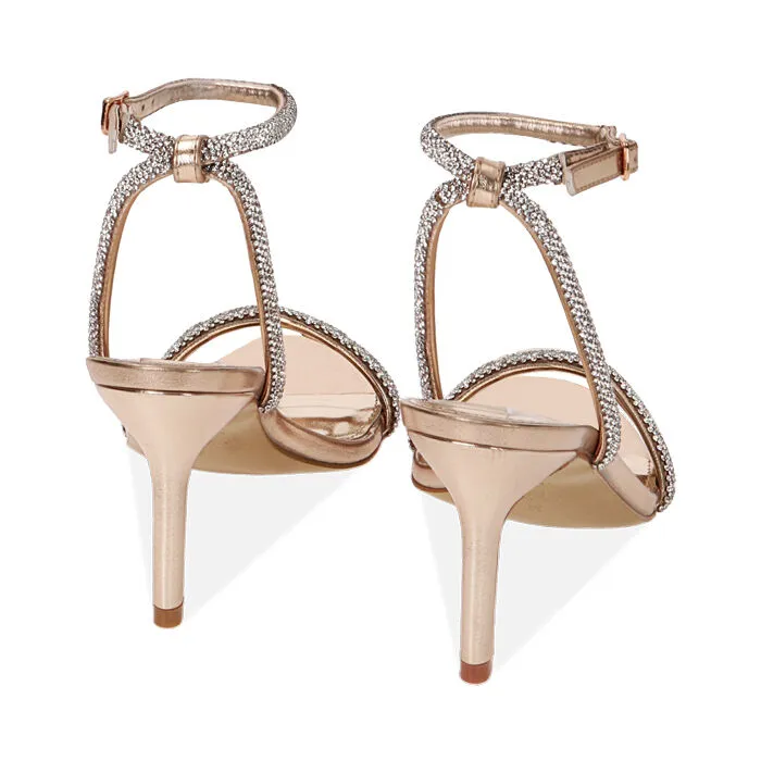 Sandali rosa-oro in laminato con pietre, tacco 8,5 cm