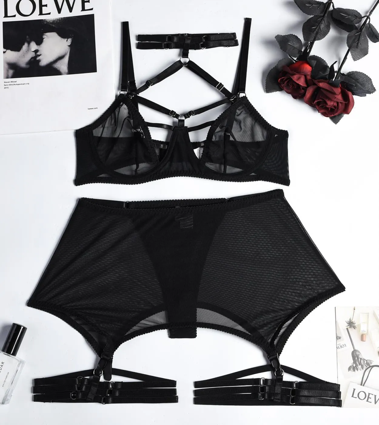 Set reggiseno intimo trasparente da donna Set reggiseno trasparente nero da donna Set reggiseno e slip