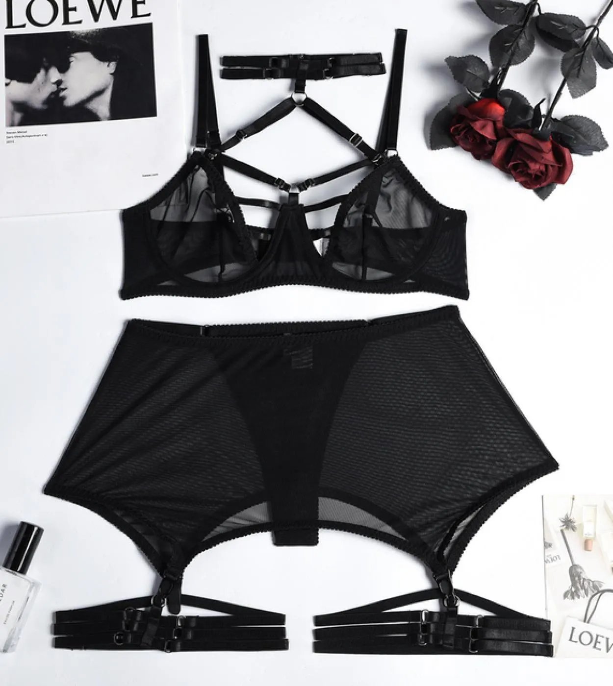 Set reggiseno intimo trasparente da donna Set reggiseno trasparente nero da donna Set reggiseno e slip