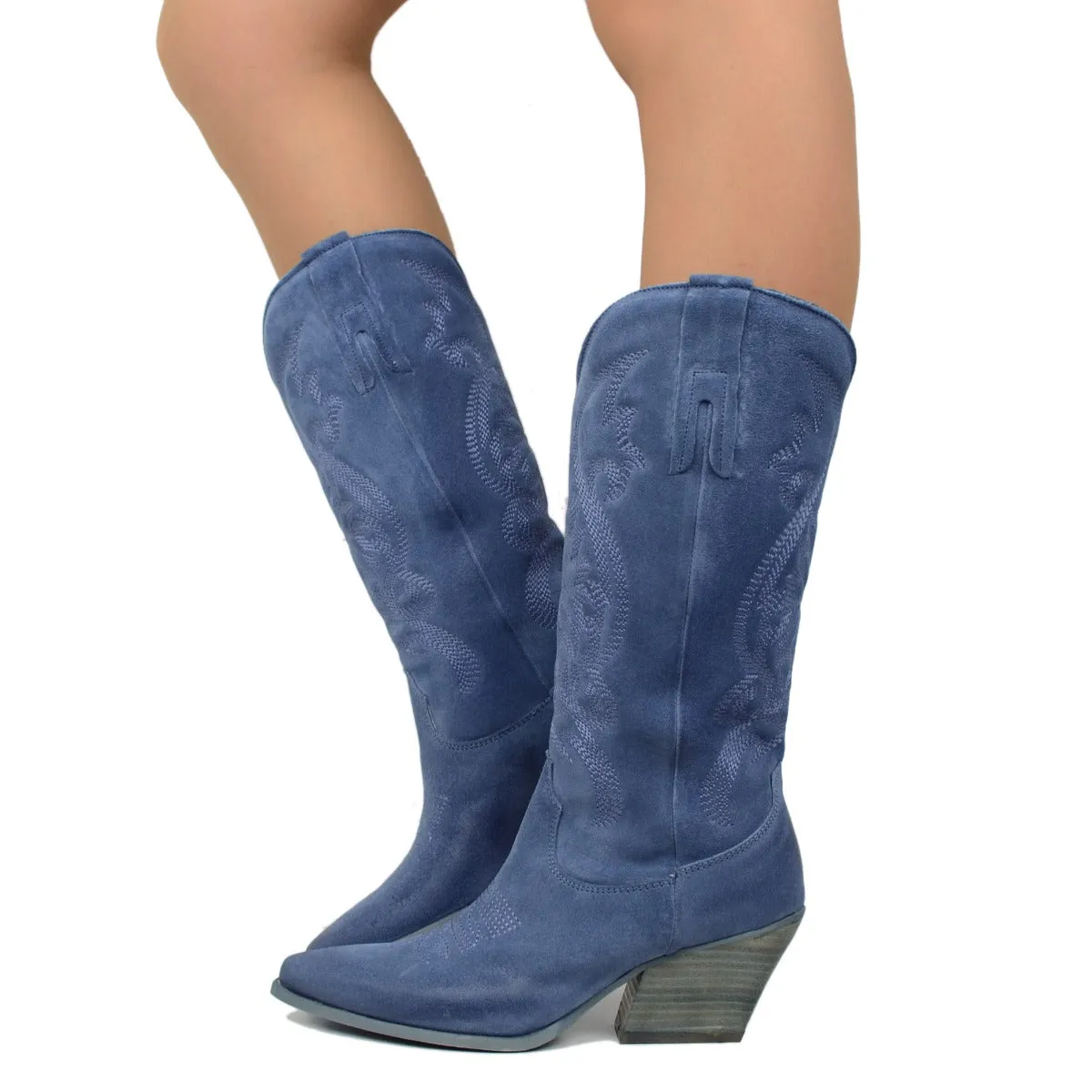 Stivali Donna Texani Jeans in Pelle Scamosciata con Ricami