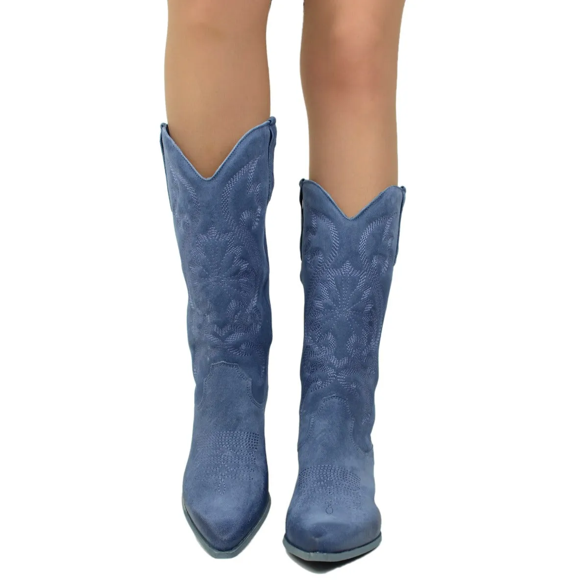 Stivali Donna Texani Jeans in Pelle Scamosciata con Ricami