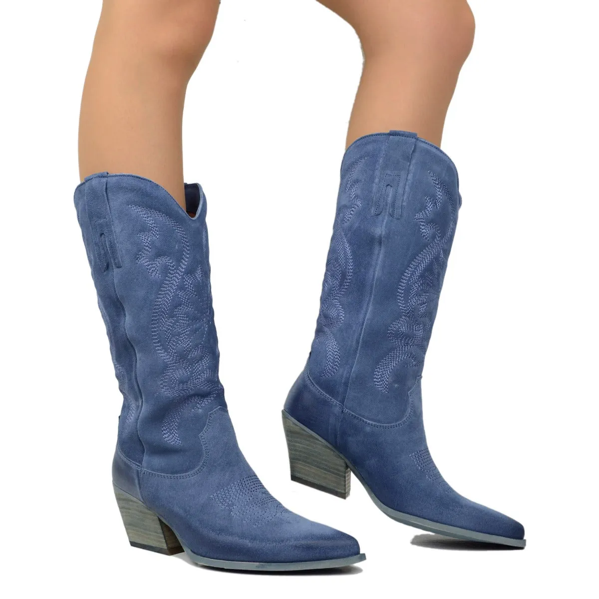 Stivali Donna Texani Jeans in Pelle Scamosciata con Ricami
