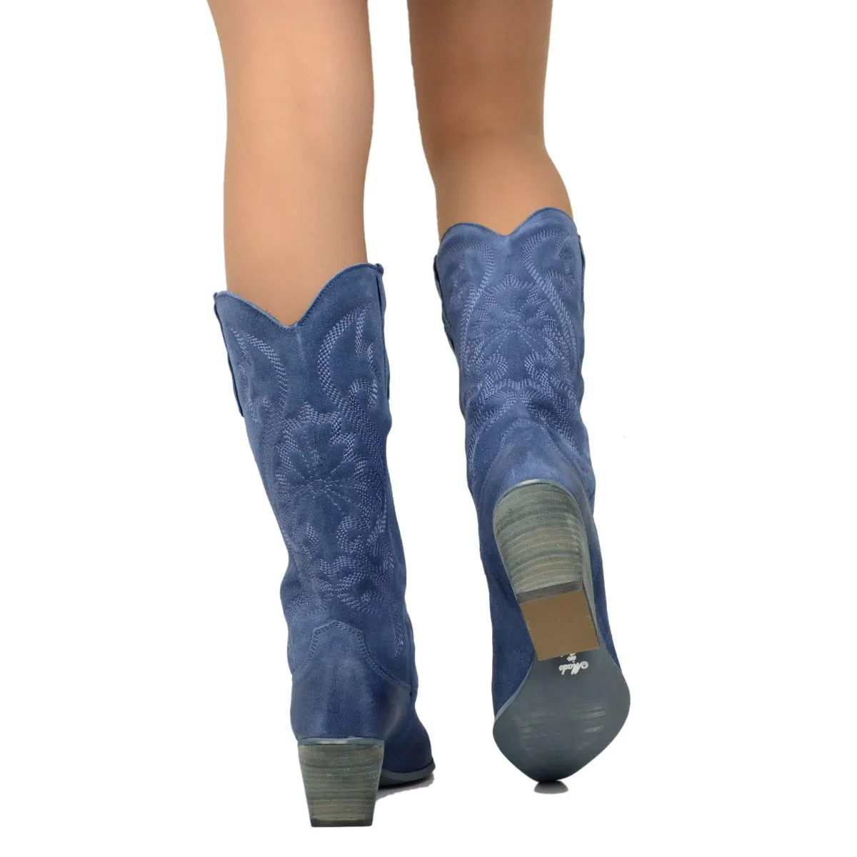 Stivali Donna Texani Jeans in Pelle Scamosciata con Ricami