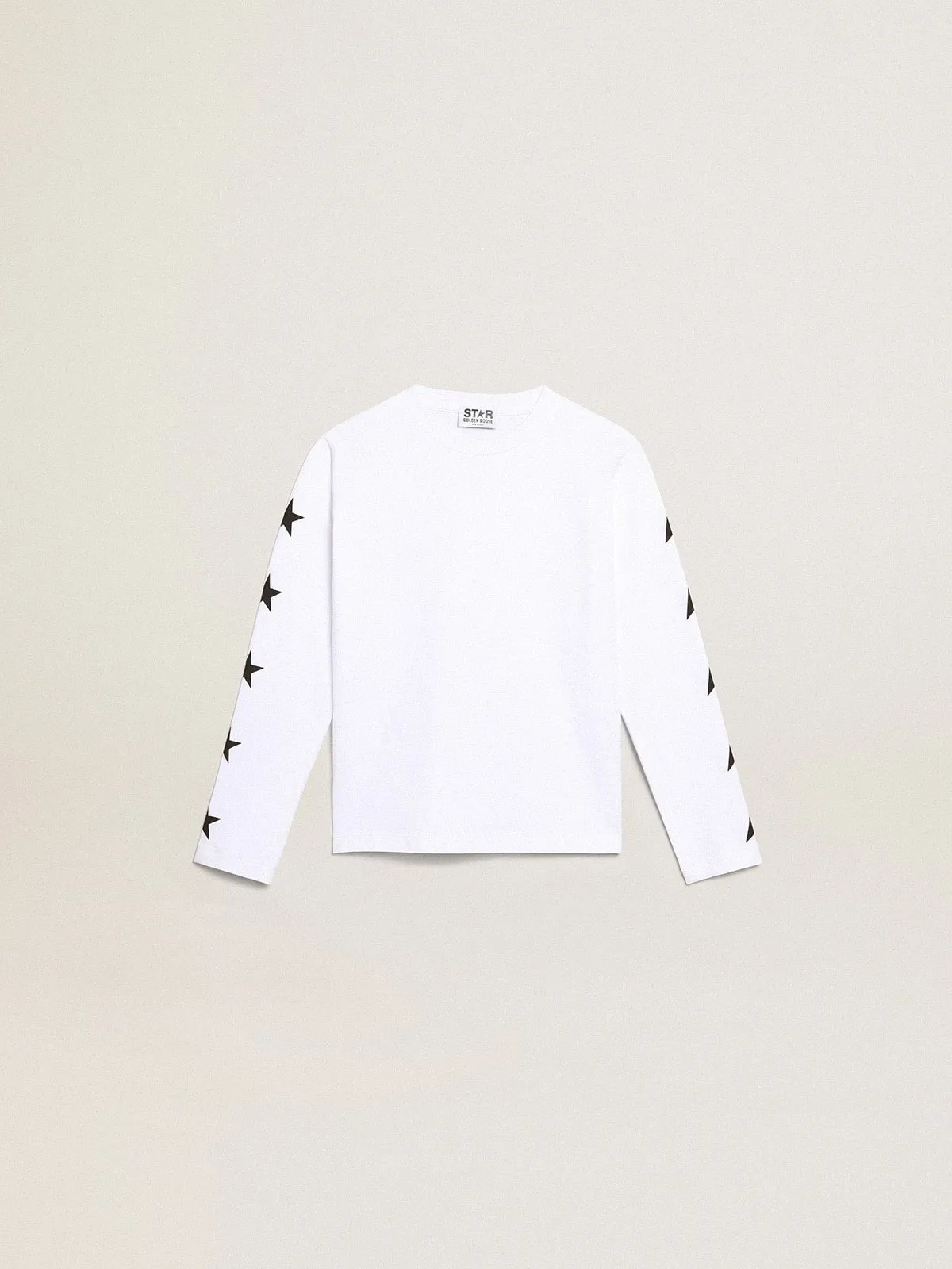 T-shirt bianca a maniche lunghe con stelle nere a contrasto