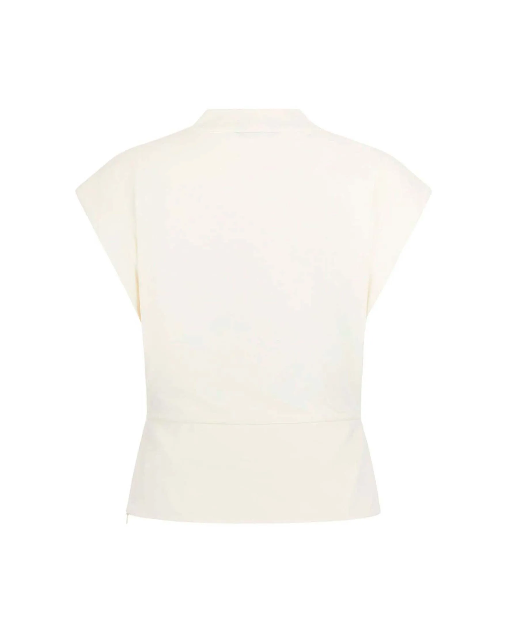 T-shirt smanicata bianca in jersey con arricciature sulle spalle e scollo a V con incrocio frontale