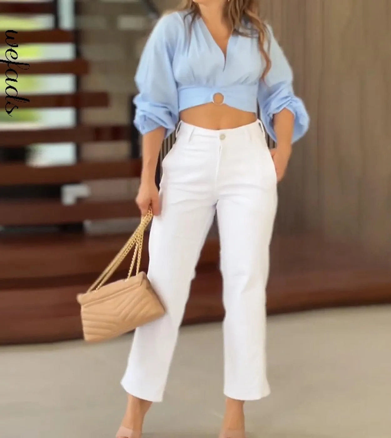 Wefads Set da donna in due pezzi Moda elegante solido Manica lunga svasata Scollo a V Ritaglio Casual con tasche Pantaloni Set H