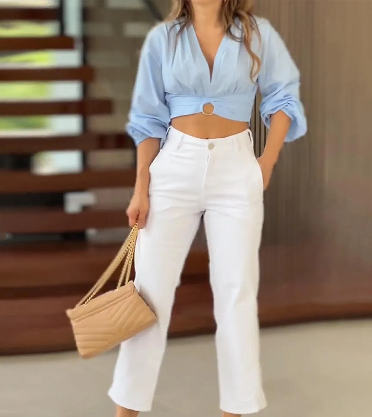 Wefads Set da donna in due pezzi Moda elegante solido Manica lunga svasata Scollo a V Ritaglio Casual con tasche Pantaloni Set H