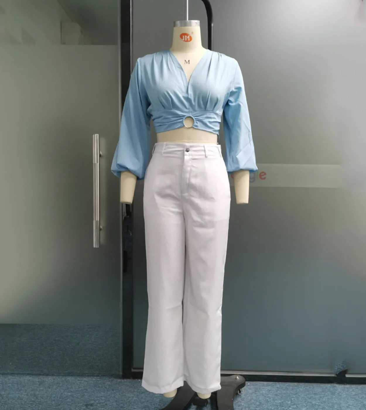 Wefads Set da donna in due pezzi Moda elegante solido Manica lunga svasata Scollo a V Ritaglio Casual con tasche Pantaloni Set H