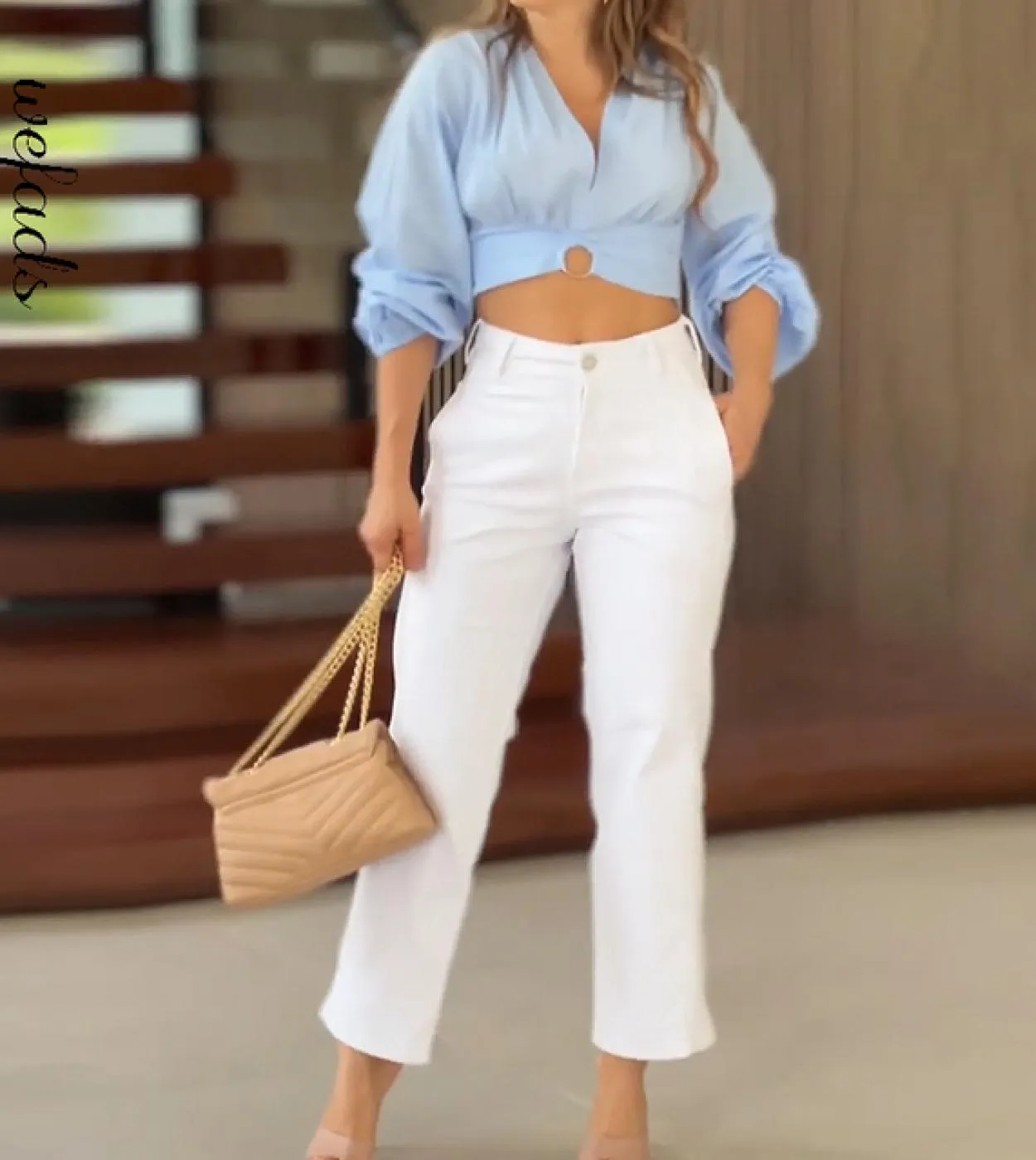 Wefads Set da donna in due pezzi Moda elegante solido Manica lunga svasata Scollo a V Ritaglio Casual con tasche Pantaloni Set H