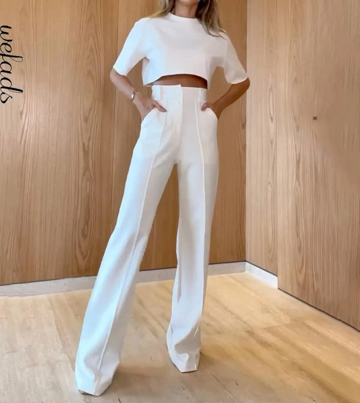 Wefads Set da due pezzi da donna Moda estiva Girocollo Manica corta Top solido Allentato con tasche Pantaloni Set High Streetwea