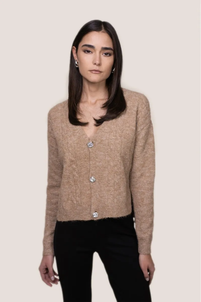 WHITE WISE CARDIGAN CORTO IN ALPACA CON BOTTONE GIOIELLO - WW19127 