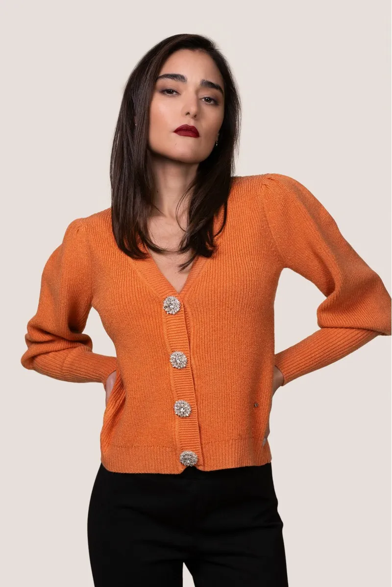 WHITE WISE CARDIGAN LUREX CON SCOLLO A V E MANICA A SBUFFO - WW19123 