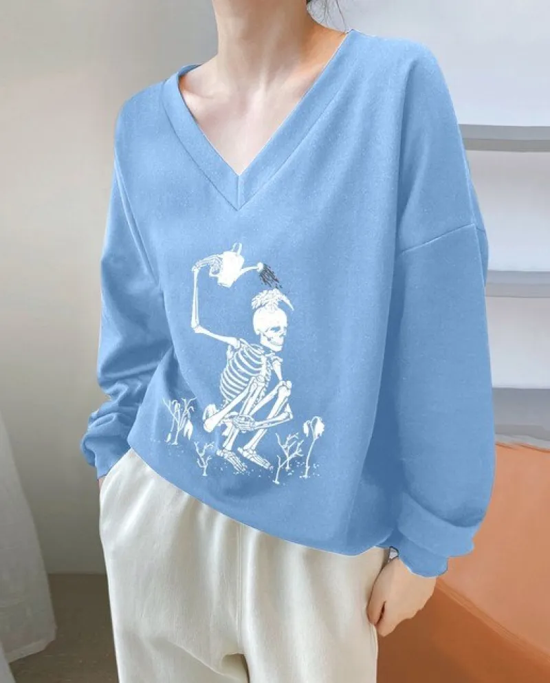 Women Sweatshirts Halloween Pullover V Neck Thin Sweatshirt Long Sleeve Tops Casual Loose Pullovers Women Autumn Winter
