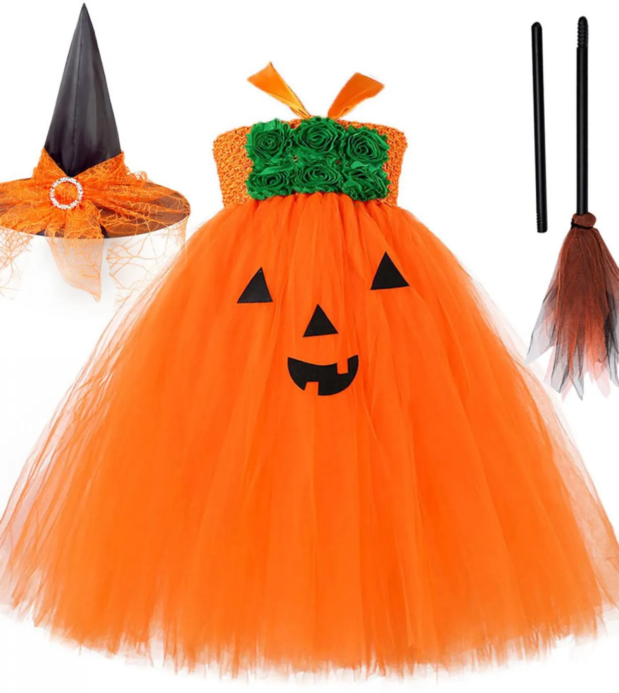 Zucca Abiti di Halloween per ragazze Costume da strega per bambini Festa di carnevale Vestito lungo da tutu Vestito da cosplay p