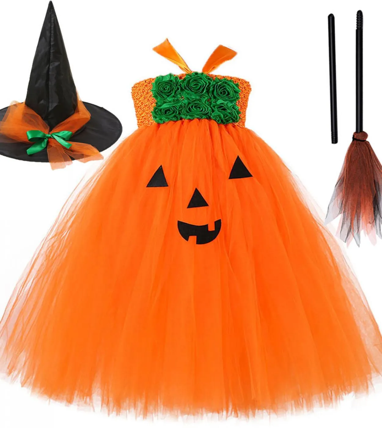 Zucca Abiti di Halloween per ragazze Costume da strega per bambini Festa di carnevale Vestito lungo da tutu Vestito da cosplay p