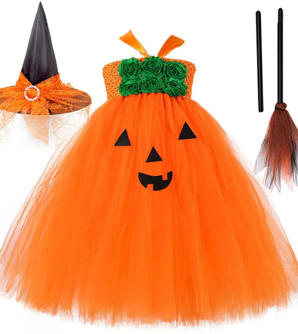 Zucca Abiti di Halloween per ragazze Costume da strega per bambini Festa di carnevale Vestito lungo da tutu Vestito da cosplay p